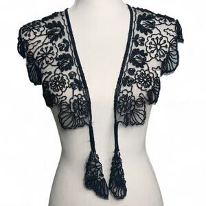 Vintage 90s Beaded Shawl Collar Scallop Black Daisy Western Wrap Rodeo Showgirl